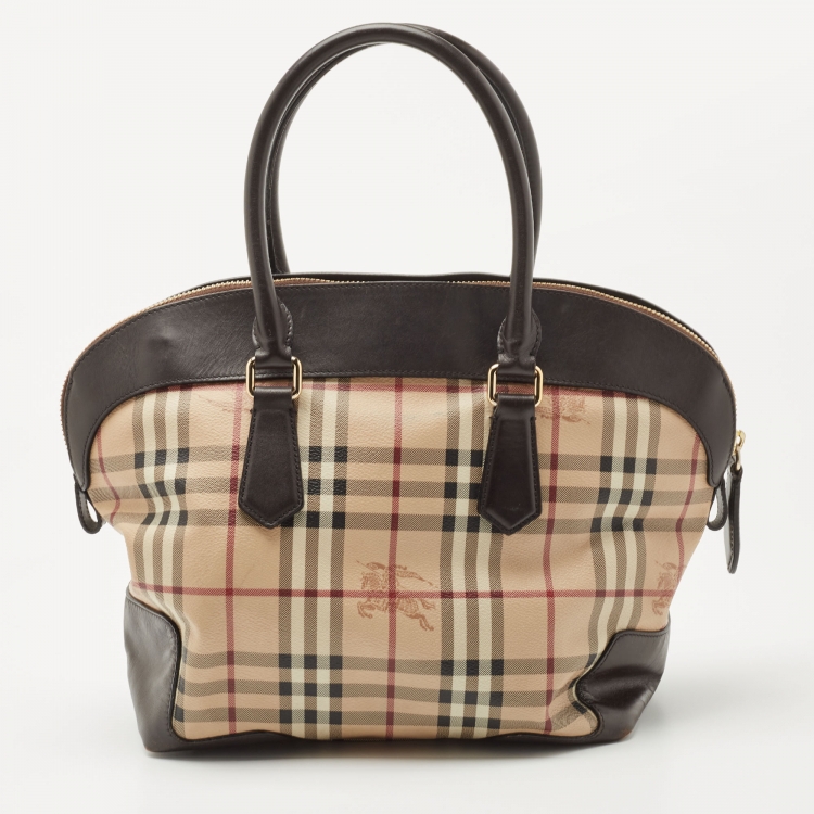 Pre Owned Burberry Brown/Beige Haymarket Check PVC and Leather Primrose Satchel