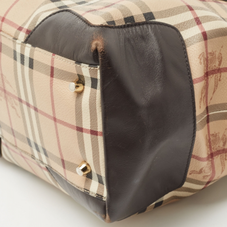 Pre Owned Burberry Brown/Beige Haymarket Check PVC and Leather Primrose Satchel