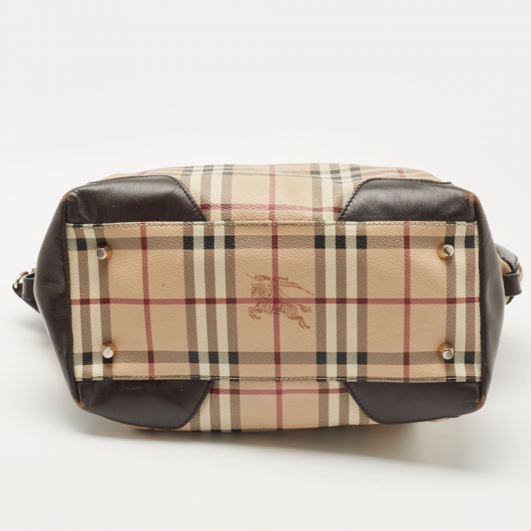 Pre Owned Burberry Brown/Beige Haymarket Check PVC and Leather Primrose Satchel