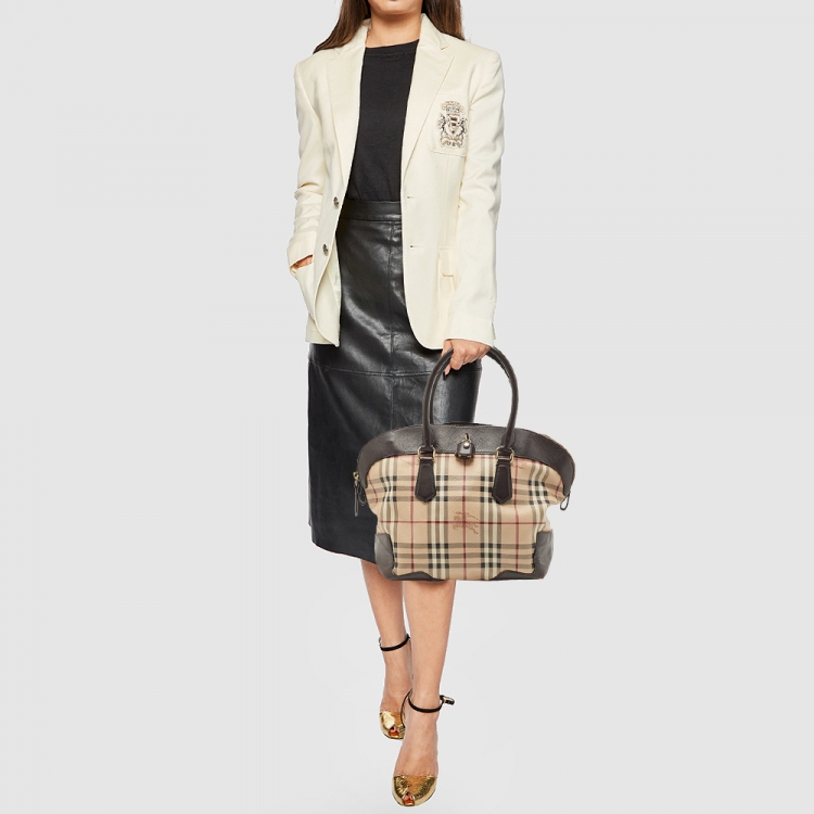 Pre Owned Burberry Brown/Beige Haymarket Check PVC and Leather Primrose Satchel