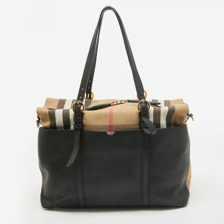 Pre Owned Burberry Black/Beige House Check Fabric and Leather Mason Diaper Tote