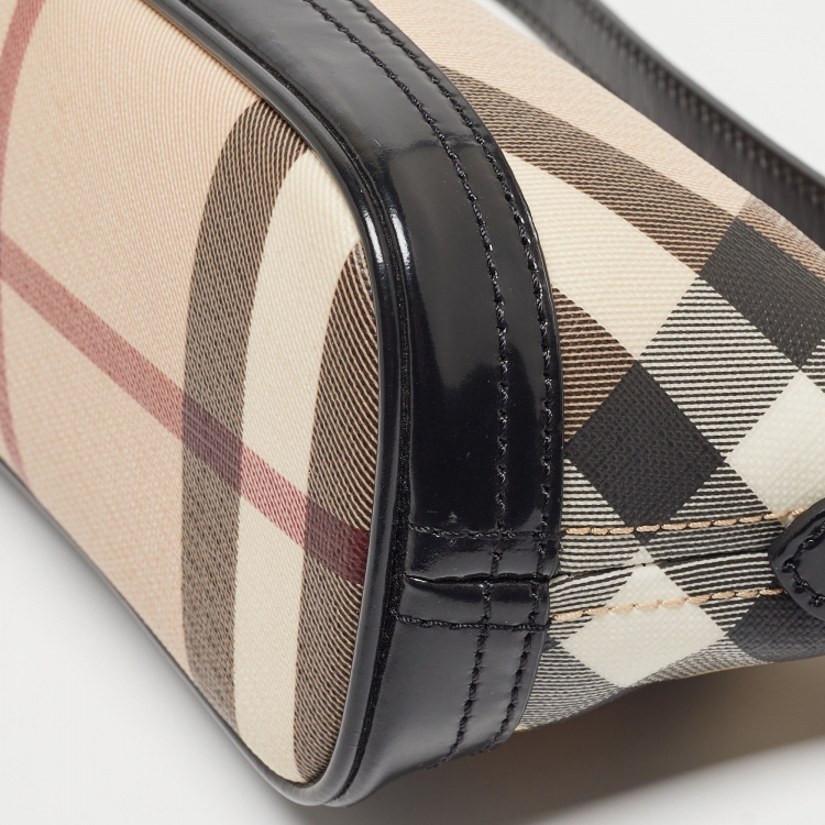 Pre Owned Burberry Black/Beige Nova Check Coated Canvas and Patent Leather Boat Baguette Bag