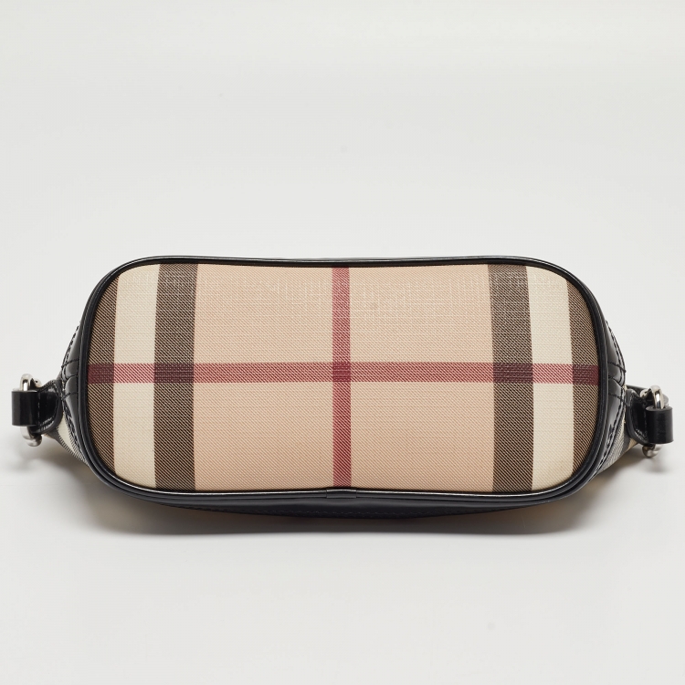 Pre Owned Burberry Black/Beige Nova Check Coated Canvas and Patent Leather Boat Baguette Bag