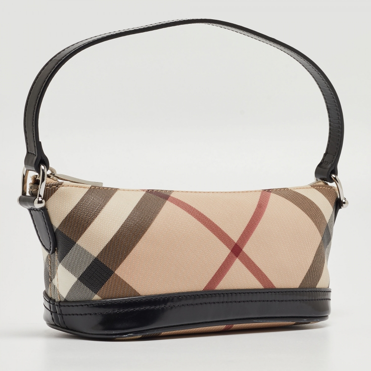 Pre Owned Burberry Black/Beige Nova Check Coated Canvas and Patent Leather Boat Baguette Bag