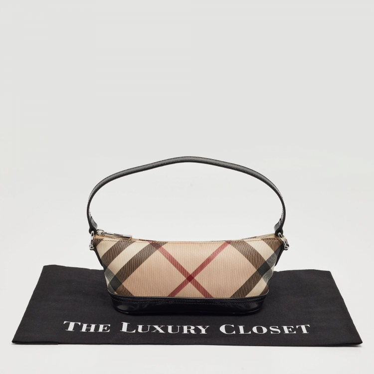 Pre Owned Burberry Black/Beige Nova Check Coated Canvas and Patent Leather Boat Baguette Bag
