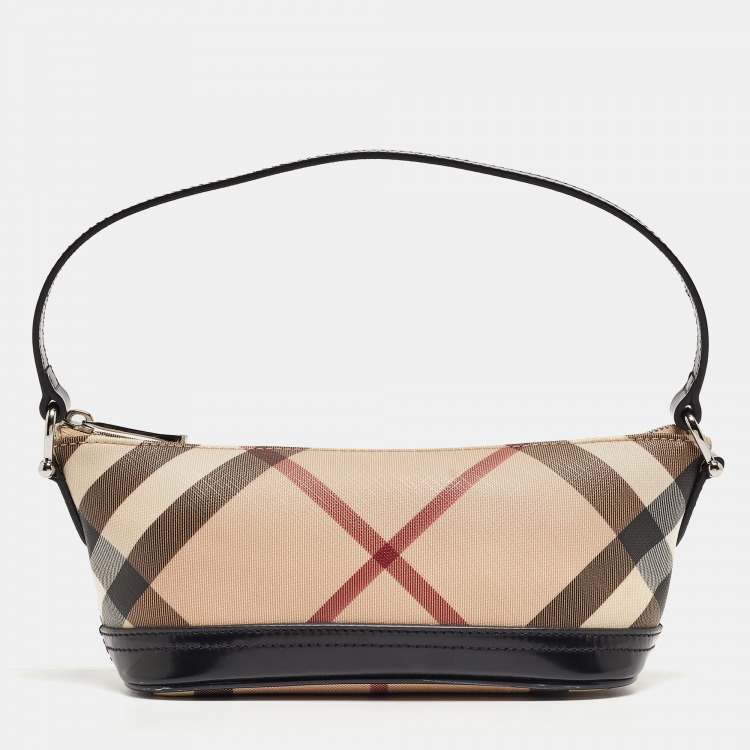 Pre Owned Burberry Black/Beige Nova Check Coated Canvas and Patent Leather Boat Baguette Bag