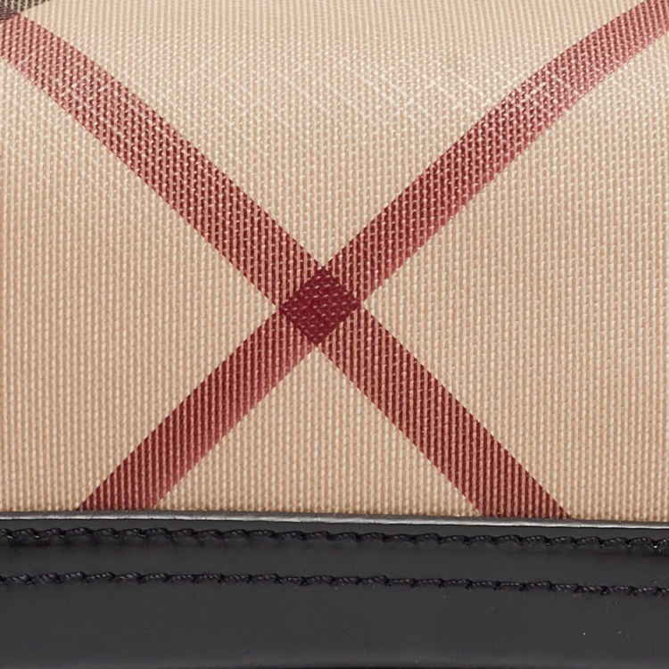 Pre Owned Burberry Black/Beige Nova Check Coated Canvas and Patent Leather Boat Baguette Bag