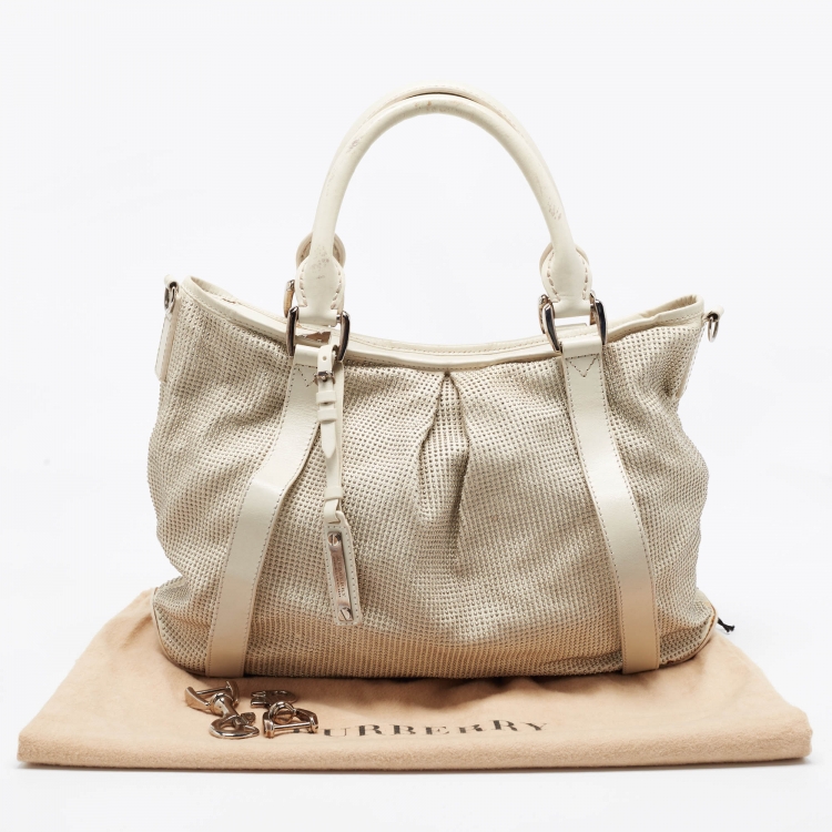Pre Owned Burberry Off White Leather Studded Ashbury Knight Satchel