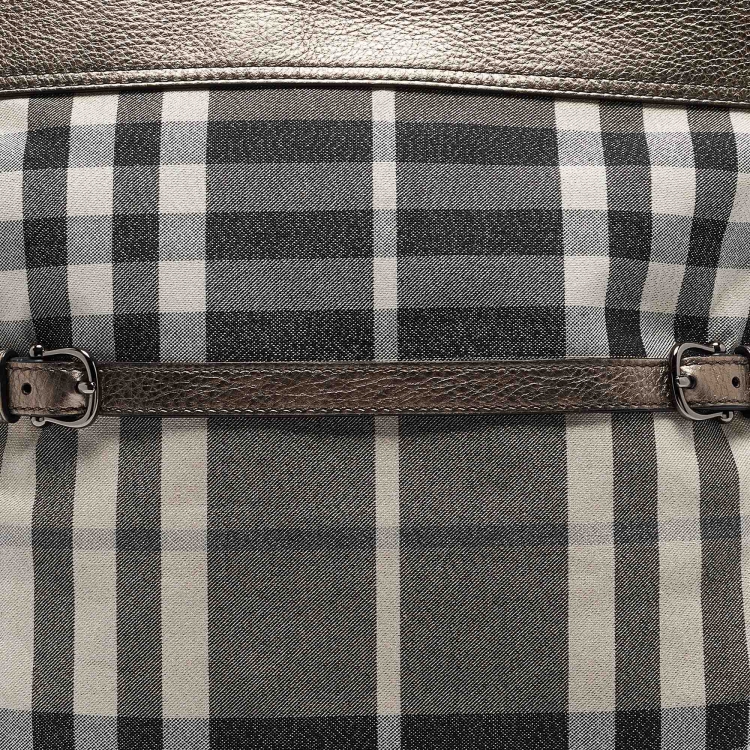 Pre Owned Burberry Metallic House Check Canvas and Leather Flat Tote