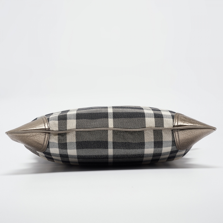 Pre Owned Burberry Metallic House Check Canvas and Leather Flat Tote