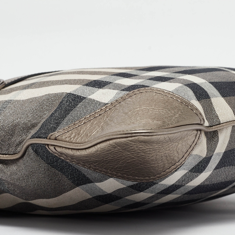 Pre Owned Burberry Metallic House Check Canvas and Leather Flat Tote