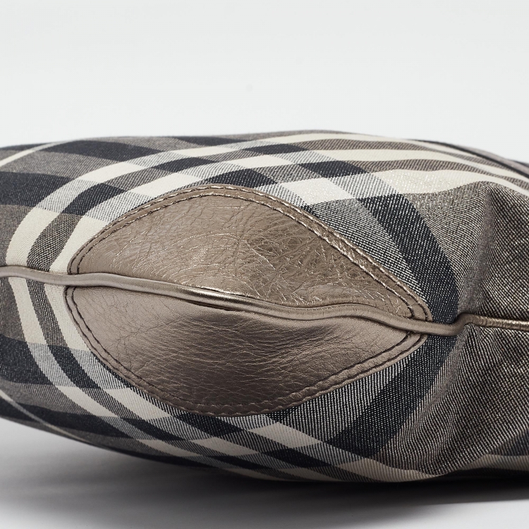 Pre Owned Burberry Metallic House Check Canvas and Leather Flat Tote