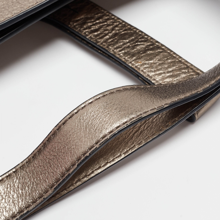 Pre Owned Burberry Metallic House Check Canvas and Leather Flat Tote