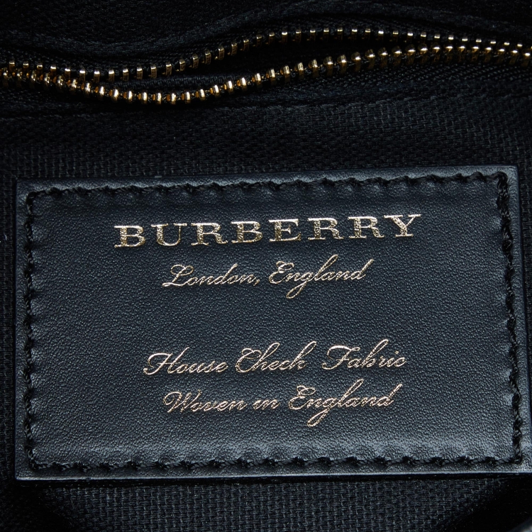 Pre Owned Burberry Black/Beige Leather and House Check Fabric Medium Camberley Top Handle Bag