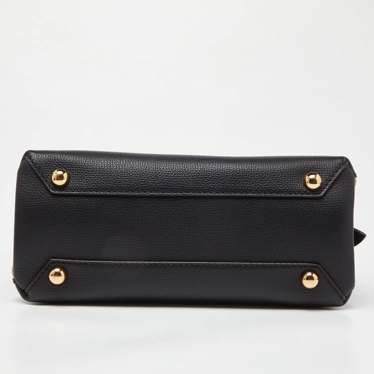 Pre Owned Burberry Black/Beige Leather and House Check Fabric Medium Camberley Top Handle Bag