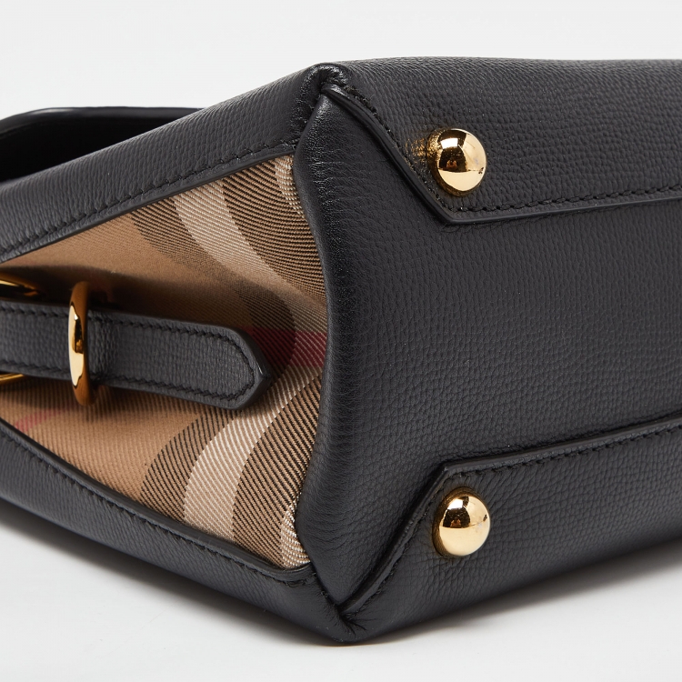 Pre Owned Burberry Black/Beige Leather and House Check Fabric Medium Camberley Top Handle Bag