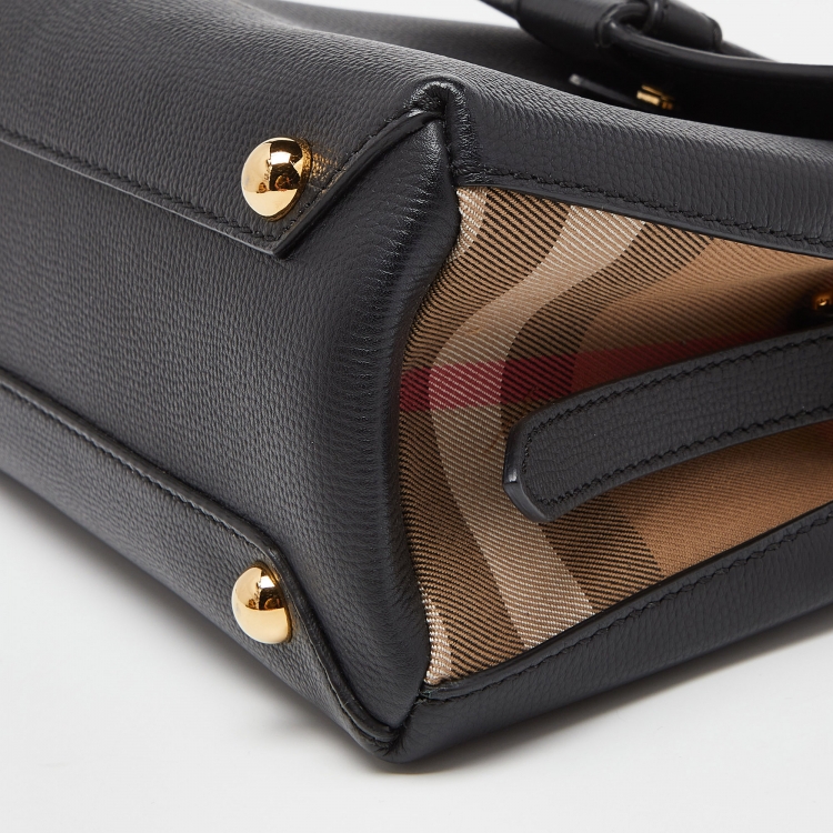 Pre Owned Burberry Black/Beige Leather and House Check Fabric Medium Camberley Top Handle Bag