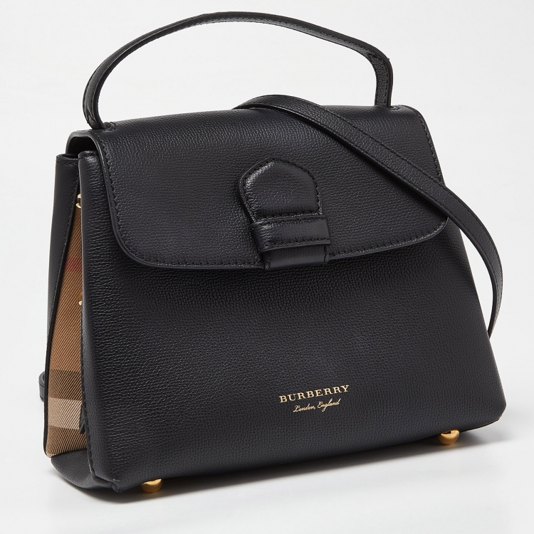 Pre Owned Burberry Black/Beige Leather and House Check Fabric Medium Camberley Top Handle Bag