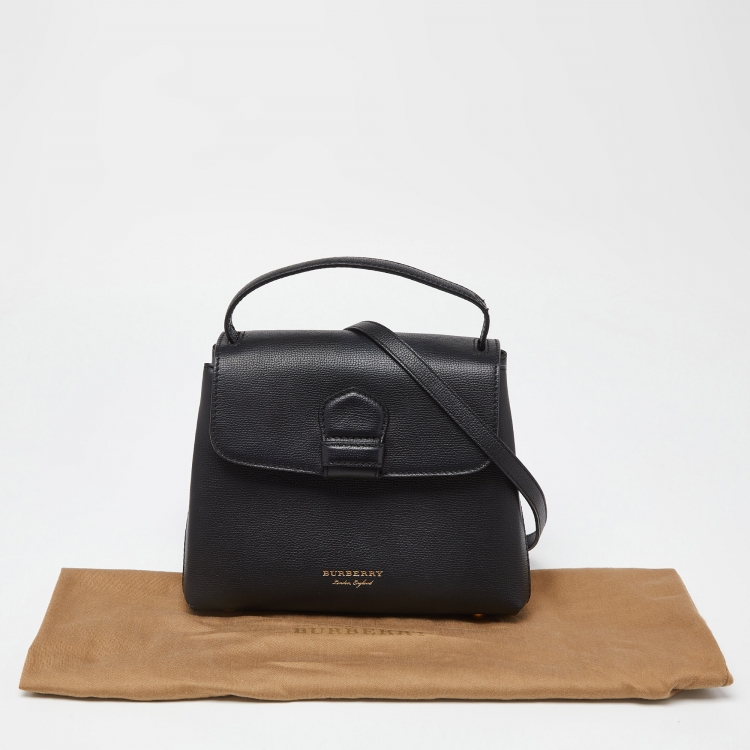 Pre Owned Burberry Black/Beige Leather and House Check Fabric Medium Camberley Top Handle Bag