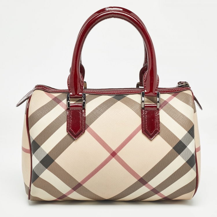 Pre Owned Burberry Beige/Red Nova Check PVC and Patent Leather Chester Boston Bag