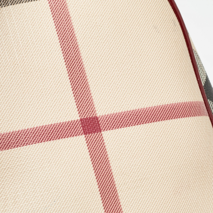 Pre Owned Burberry Beige/Red Nova Check PVC and Patent Leather Chester Boston Bag