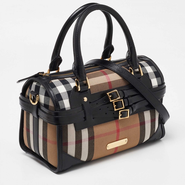 Pre Owned Burberry Beige/Black House Check Fabric and Leather Bridle Chester Bowler Bag