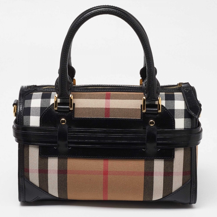 Pre Owned Burberry Beige/Black House Check Fabric and Leather Bridle Chester Bowler Bag