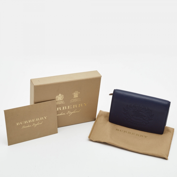 Pre Owned Burberry Navy Blue Leather Logo Embossed Bifold Wallet