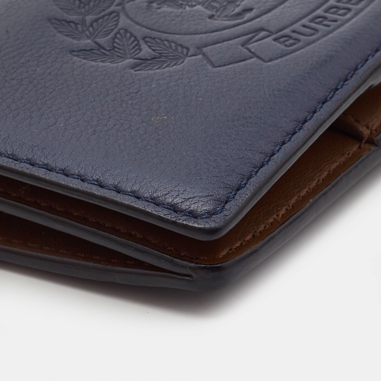 Pre Owned Burberry Navy Blue Leather Logo Embossed Bifold Wallet