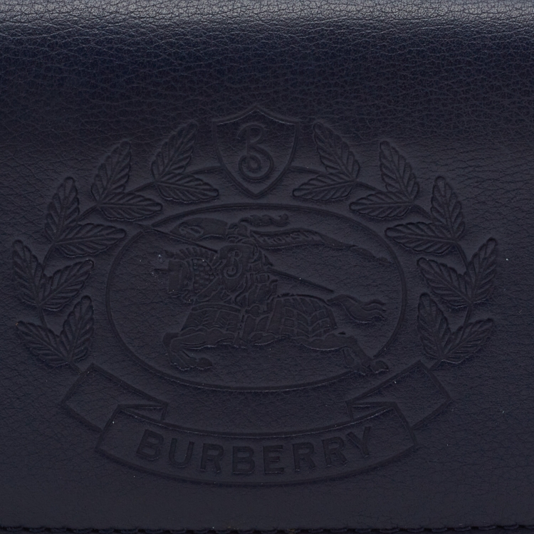 Pre Owned Burberry Navy Blue Leather Logo Embossed Bifold Wallet