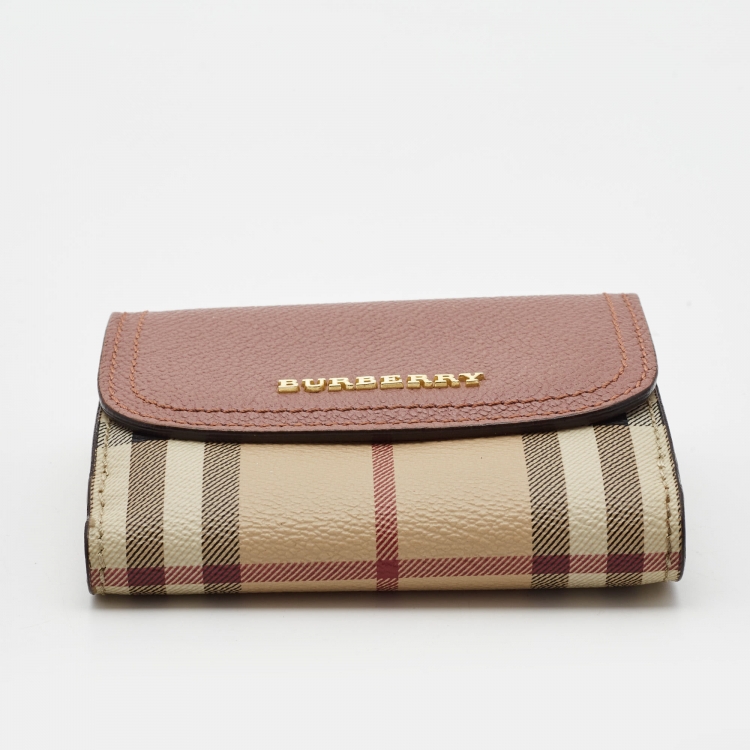 Pre Owned Burberry Pink/Beige House Check Coated Canvas and Leather Luna French Wallet