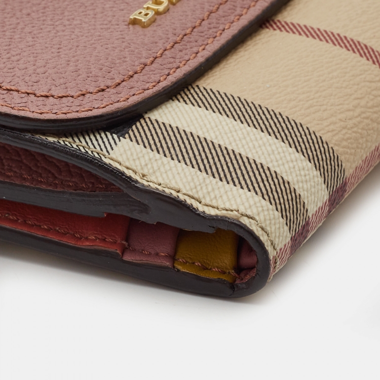 Pre Owned Burberry Pink/Beige House Check Coated Canvas and Leather Luna French Wallet