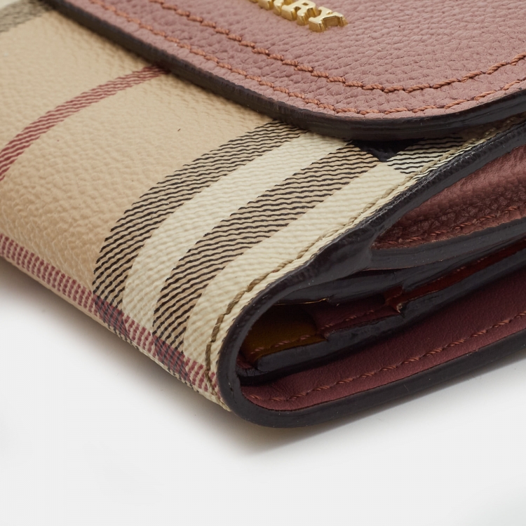 Pre Owned Burberry Pink/Beige House Check Coated Canvas and Leather Luna French Wallet