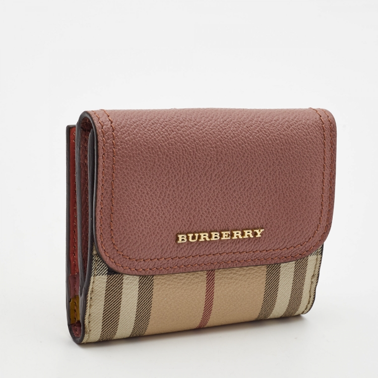 Pre Owned Burberry Pink/Beige House Check Coated Canvas and Leather Luna French Wallet
