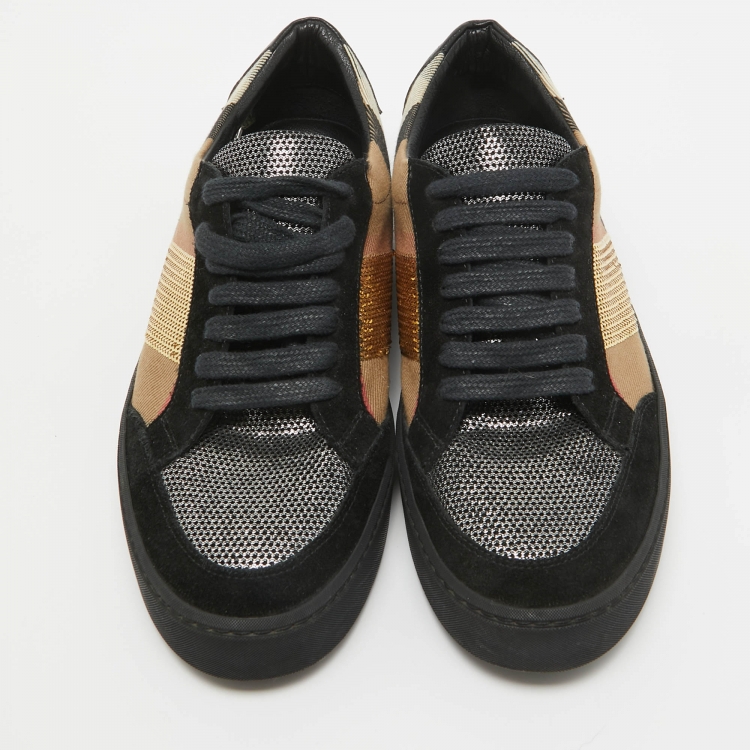 Pre Owned Burberry Brown/Gold Check Canvas and Sequins Salmond Sneakers Size 38