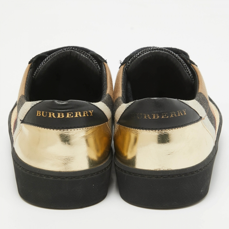 Pre Owned Burberry Brown/Gold Check Canvas and Sequins Salmond Sneakers Size 38