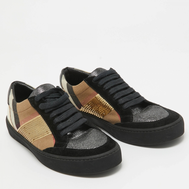 Pre Owned Burberry Brown/Gold Check Canvas and Sequins Salmond Sneakers Size 38