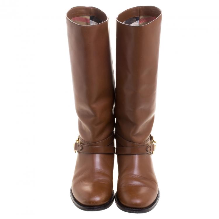 Pre Owned Burberry Brown Leather Calf Length Rider Boots Size 37