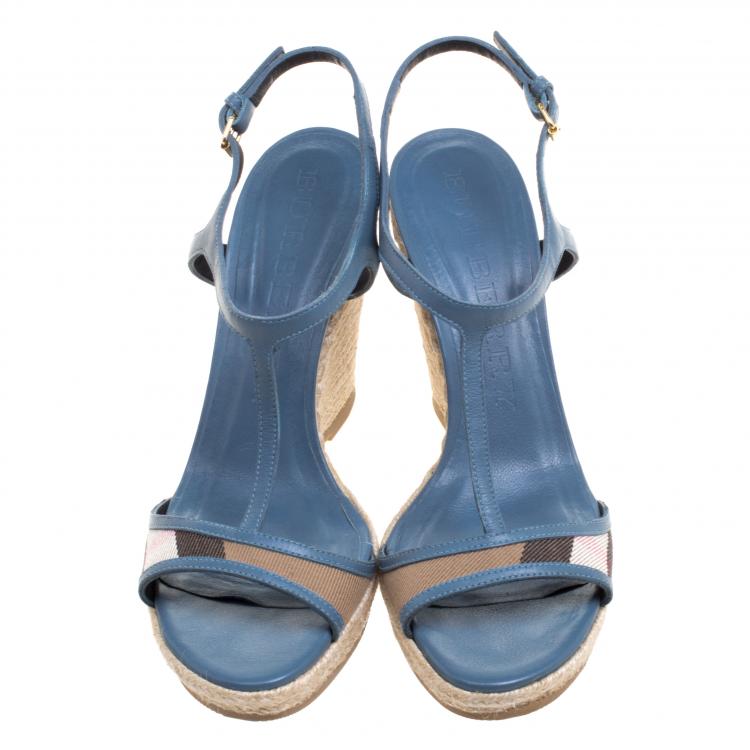 Pre Owned Burberry Blue Leather and Novacheck Canvas T Strap Espadrille Wedges Size 39