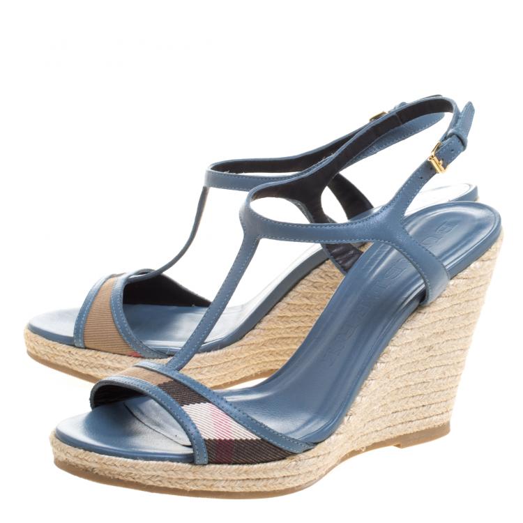 Pre Owned Burberry Blue Leather and Novacheck Canvas T Strap Espadrille Wedges Size 39