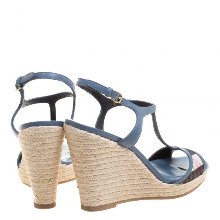 Pre Owned Burberry Blue Leather and Novacheck Canvas T Strap Espadrille Wedges Size 39