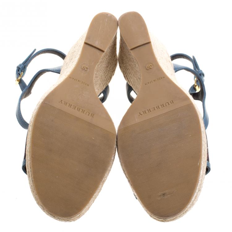 Pre Owned Burberry Blue Leather and Novacheck Canvas T Strap Espadrille Wedges Size 39