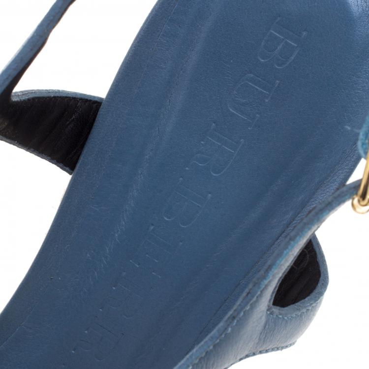 Pre Owned Burberry Blue Leather and Novacheck Canvas T Strap Espadrille Wedges Size 39