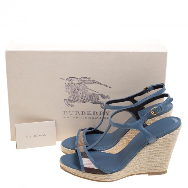 Pre Owned Burberry Blue Leather and Novacheck Canvas T Strap Espadrille Wedges Size 39