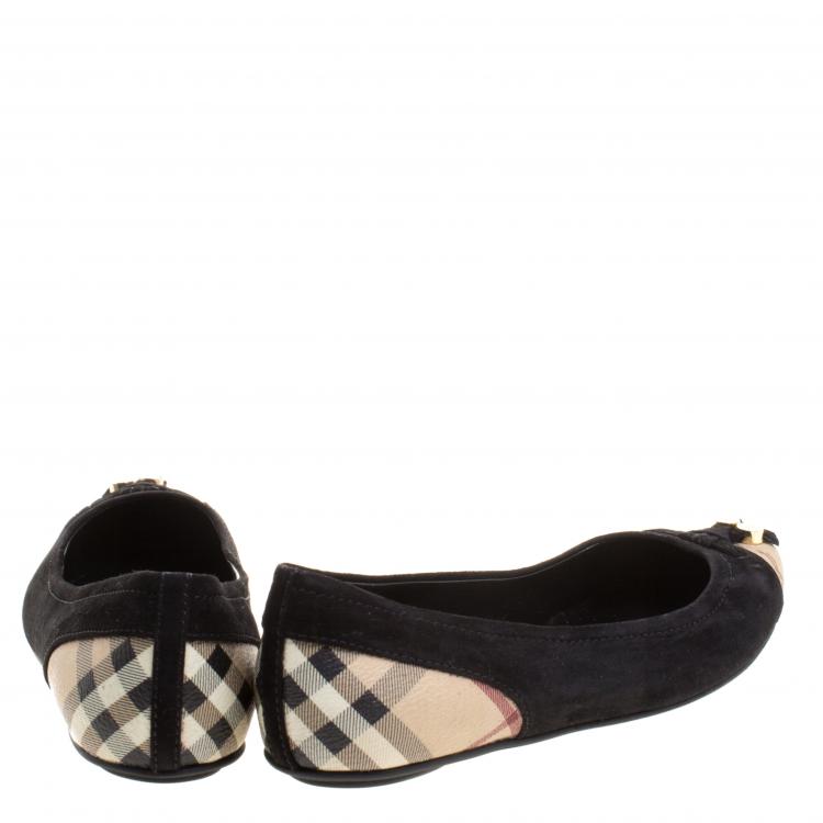 Pre Owned Burberry Black Suede Nova Check Canvas Cap Toe Bow Ballet Flats Size 36