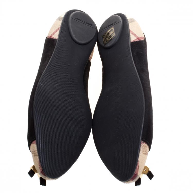 Pre Owned Burberry Black Suede Nova Check Canvas Cap Toe Bow Ballet Flats Size 36