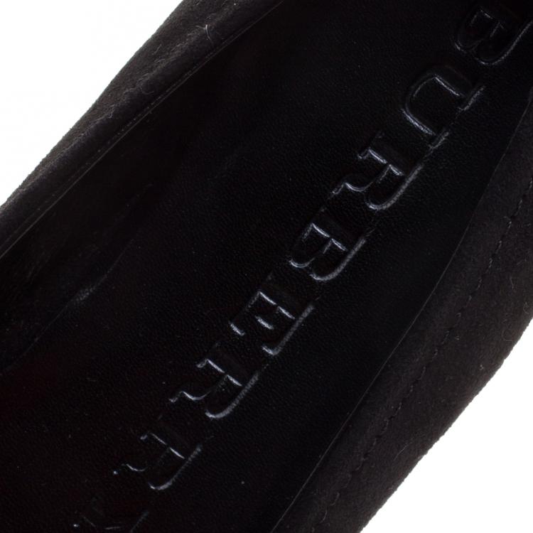 Pre Owned Burberry Black Suede Nova Check Canvas Cap Toe Bow Ballet Flats Size 36