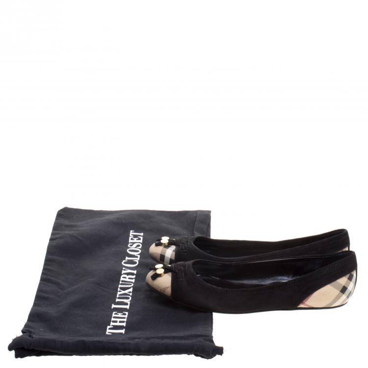 Pre Owned Burberry Black Suede Nova Check Canvas Cap Toe Bow Ballet Flats Size 36