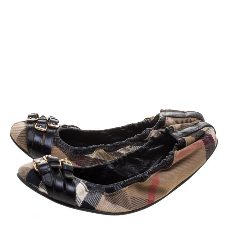 Pre Owned Burberry Novacheck Canvas and Leather Buckle Scrunch Ballet Flats Size 38