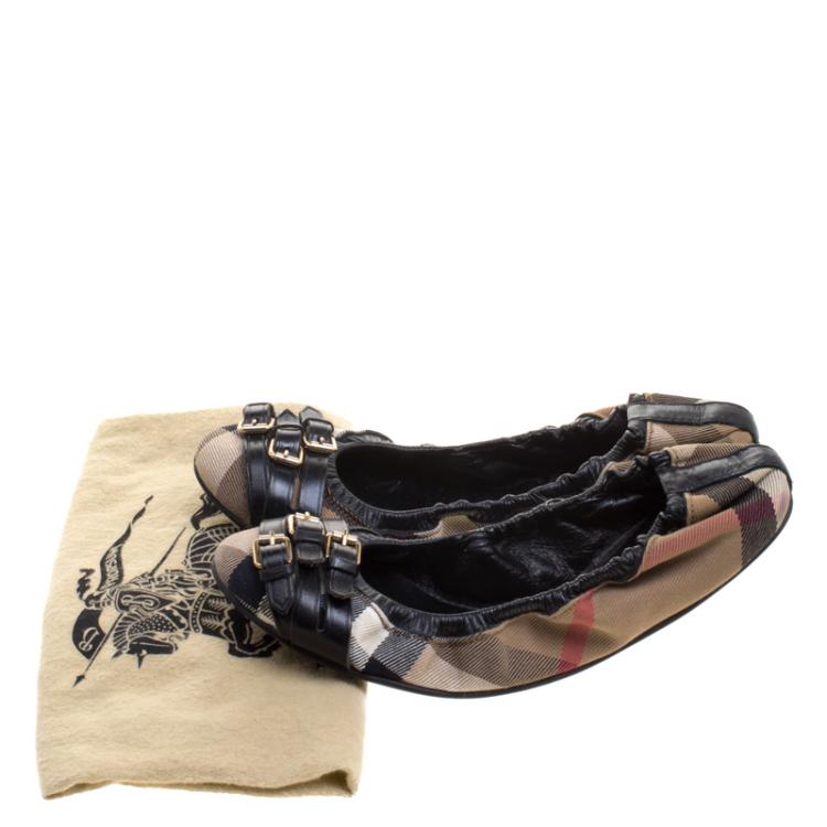 Pre Owned Burberry Novacheck Canvas and Leather Buckle Scrunch Ballet Flats Size 38